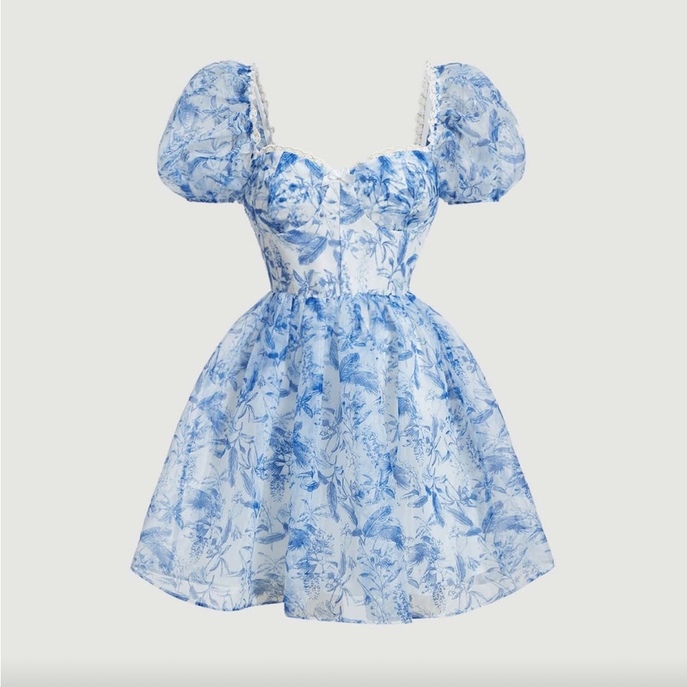 Like New Size S Blue Floral Puff Sleeve Dress